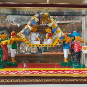 Traditional handcrafted kondapalli palanquin (doli) procession wedding toy set in glass display case